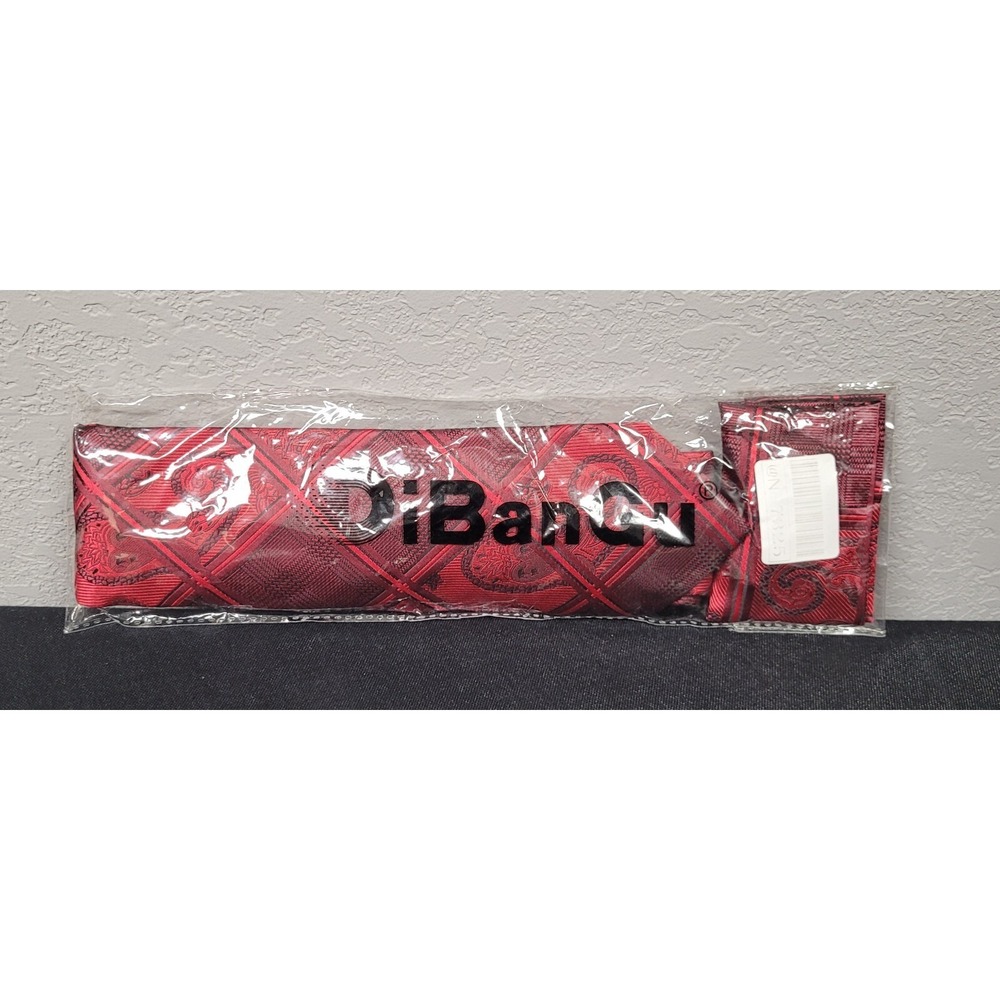 DiBanGu Purple Red Plaid Tie Pocket Square Cufflinks Set Style #7325